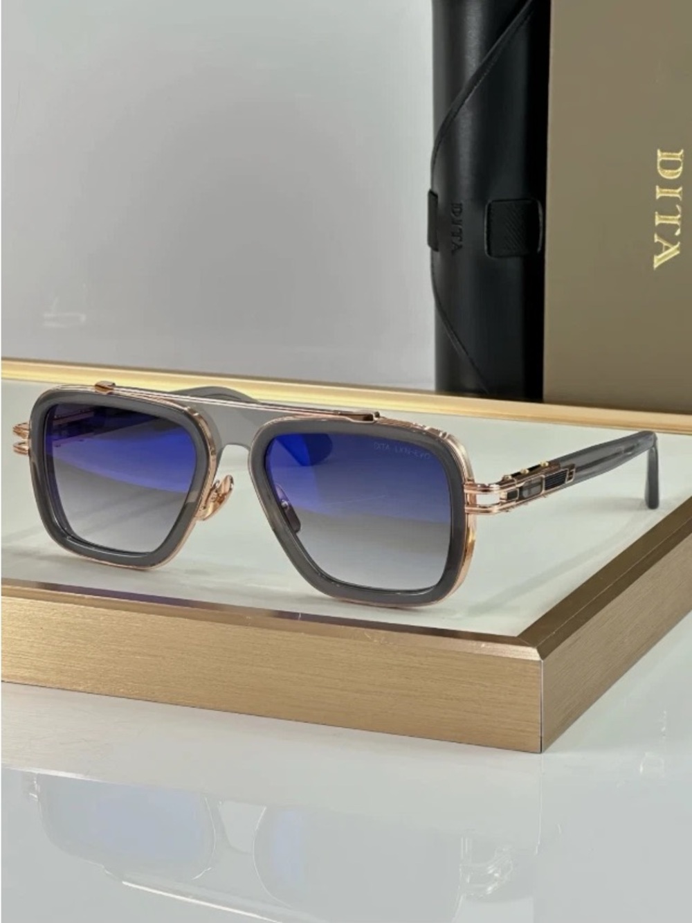 DITA Square Sunglasses with Blue Gradient Lenses and Rose Gold Accents